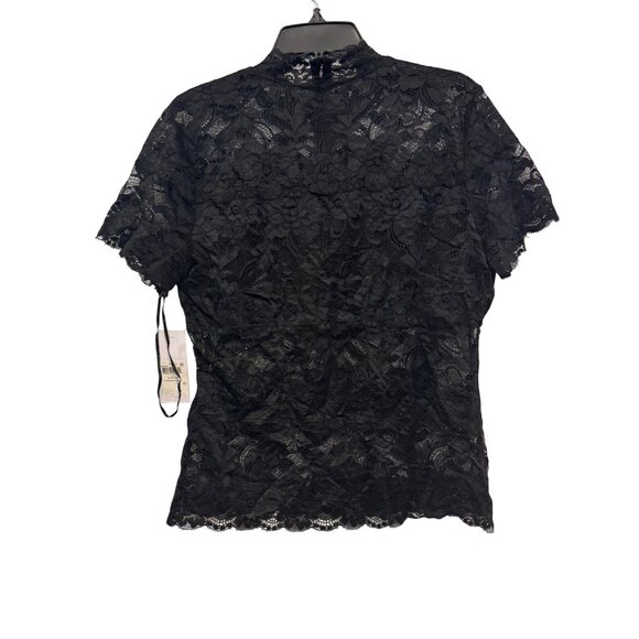 Guess Lace Black Short Sleeve Blouse Womens Size L Elegant Stretch Design - Picture 2 of 5